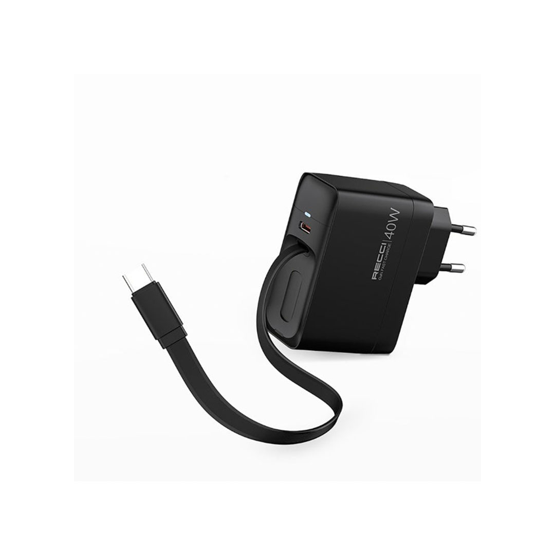 شاحن حائط بتقنية GaN - Recci - RC102E، كيبل Type-C مدمج، شحن سريع PD 40 واط، منفذين Type-C - فيش للسفر