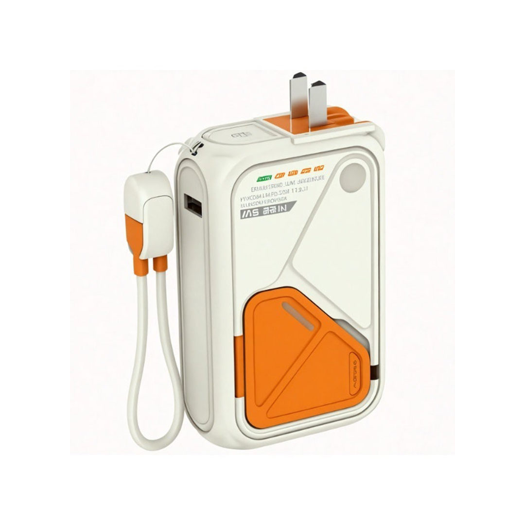 باور بنك 5 في 1 فويادج - ريتشي - RPB-A06 - شحن سلكي سريع 22.5 واط - كابلات مدمجة Type-C وLightning وUSB-A - شحن لاسلكي 15 واط - محول سفر عالمي - لون أبيض