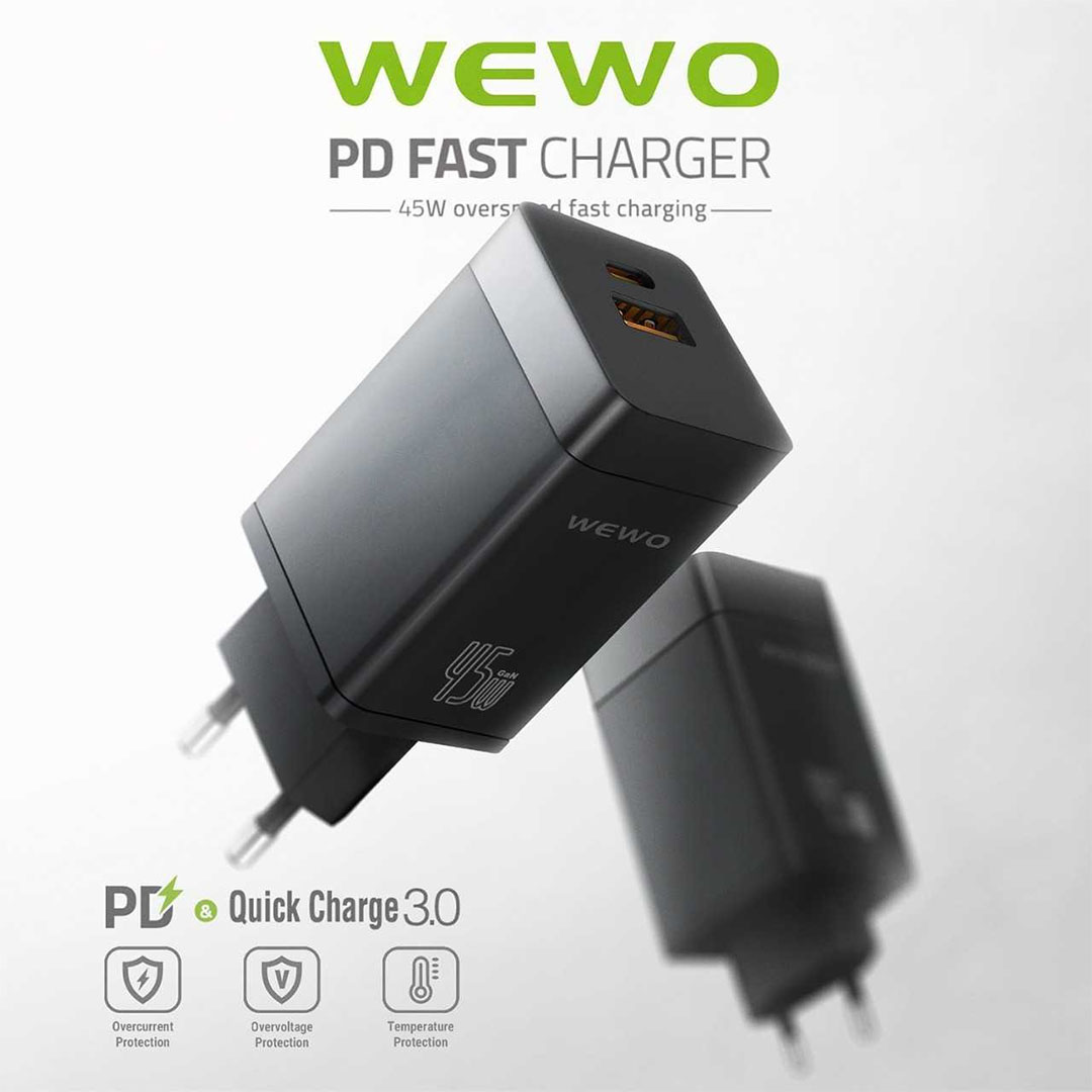 شاحن سريع PD: GaN Pro 1C+1U، 45 واط - i14 - شاحن فائق السرعة - أسود