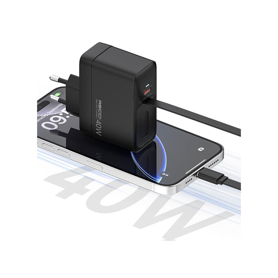 شاحن حائط بتقنية GaN - Recci - RC102E، كيبل Type-C مدمج، شحن سريع PD 40 واط، منفذين Type-C - فيش للسفر