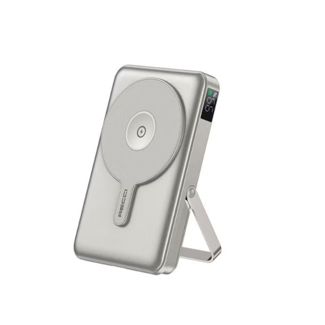 باور بانك من سلسلة جالكسي - Recci - RPB-W27، مزود بمؤشر LED رقمي، وشحن لاسلكي، مع كابل Type-C وLightning، بقوة 20 واط، وسعة 10,000 مللي أمبير/ساعة - رمادي