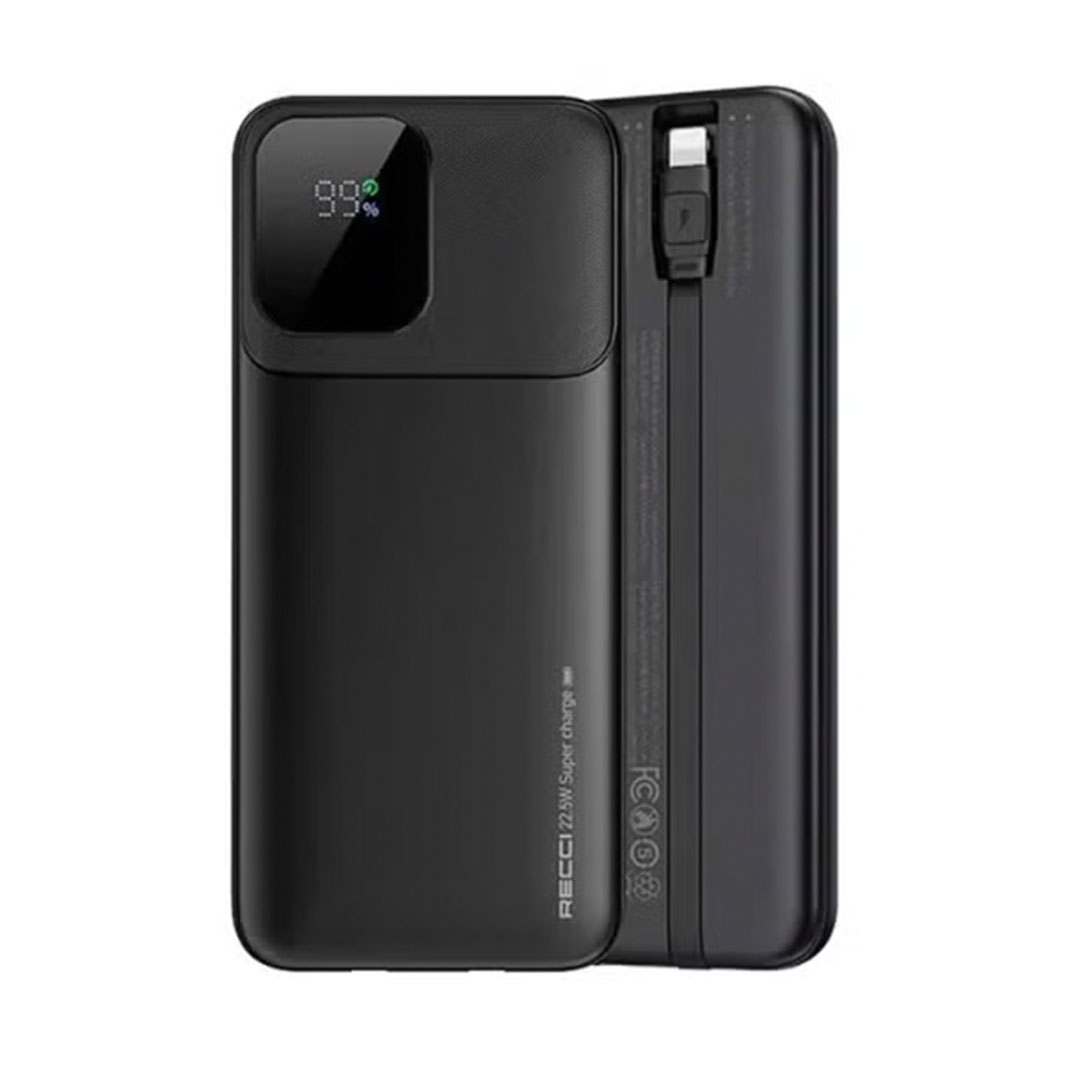 باور بانك - ريتشي - RPB-P67 بسعة 10000 مللي أمبير - شحن فائق 22.5 واط وPD 20 واط - كابلات مدمجة Type-C وLightning - شاشة رقمية - شحن 4 أجهزة في وقت واحد - لون أسود