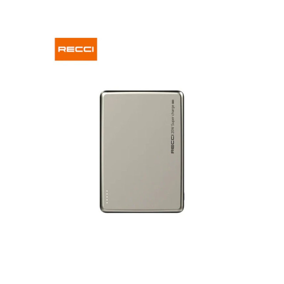 بنك الطاقة اللاسلكي ARMOR - Recci - RPB-W20 بسعة 5000 مللي أمبير/ساعة - شحن لاسلكي MagSafe بقوة 15 وات، ومخرج USB-C PD بقوة 20 وات، وتصميم فائق النحافة من سبائك الألومنيوم، ومؤشر بطارية LED