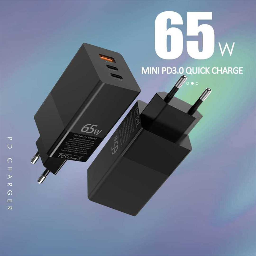 شاحن سريع PD: GaN Pro 2C+1U، 65 واط - i10 - شاحن فائق السرعة - أسود