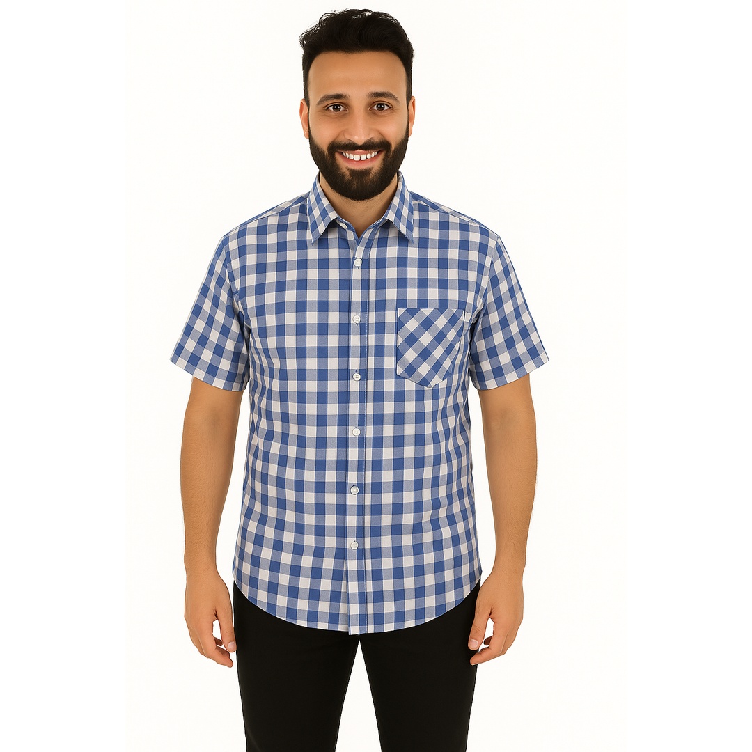 قميص رجالي قطن كاروهات نصف كم كاجوال