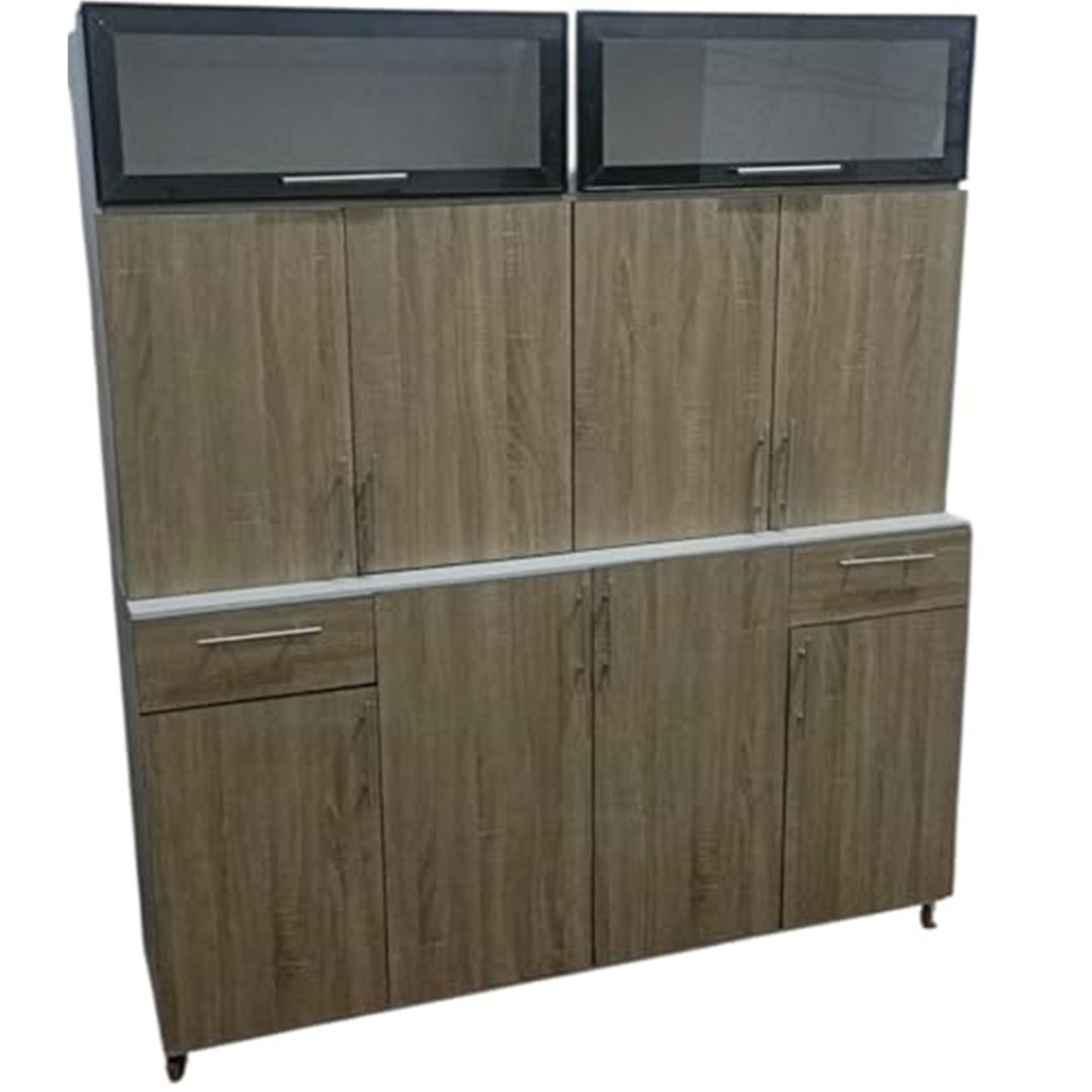 مطبخ ميلامين قطعتين ارتفاع عالي بزجاج - 160 سم - بني