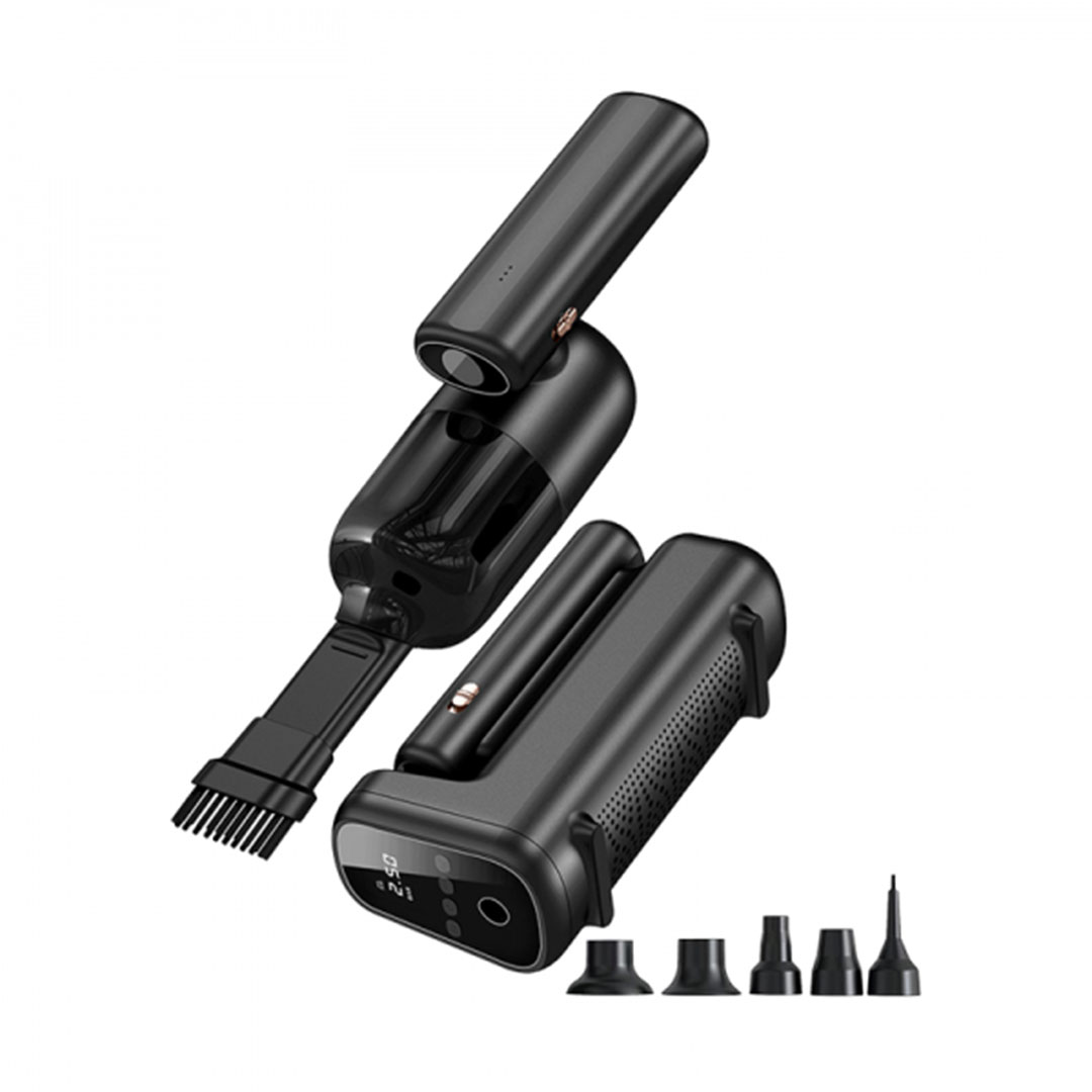 مكنسة كهربائية WIWU Wi-Ai002 5 في 1 (شفط ونفخ)، مضخة هواء، ومصباح يدوي، بشاشة رقمية - أسود