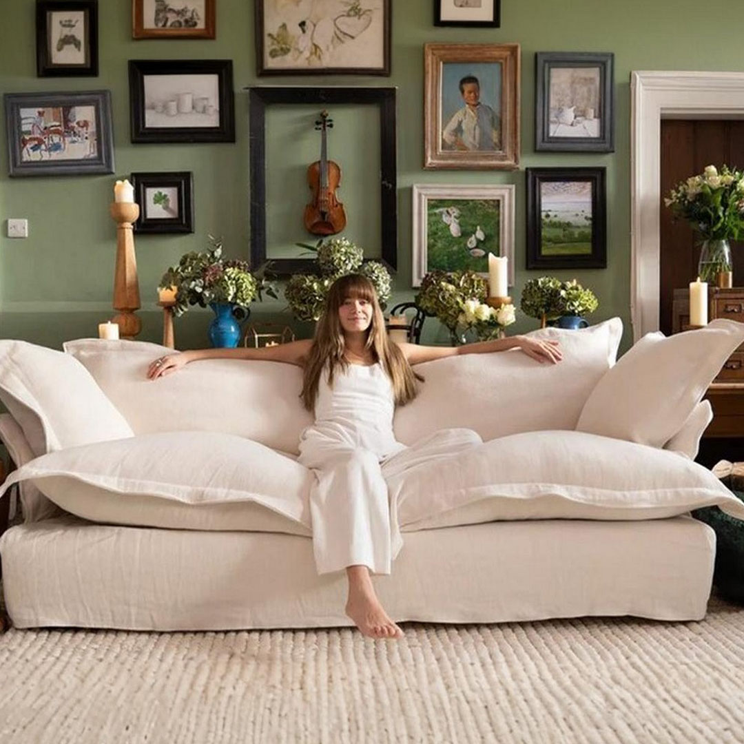 كنبة بثلاثة مقاعد خشب زان و قماش كتان - بيج - 220 سم