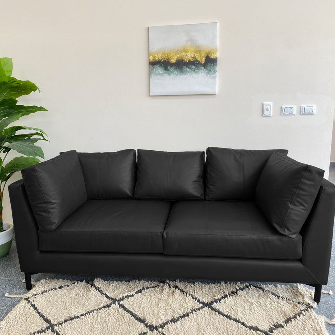كنبة ثلاثة مقاعد خشب طبيعي و جلد - أسود - 211 سم