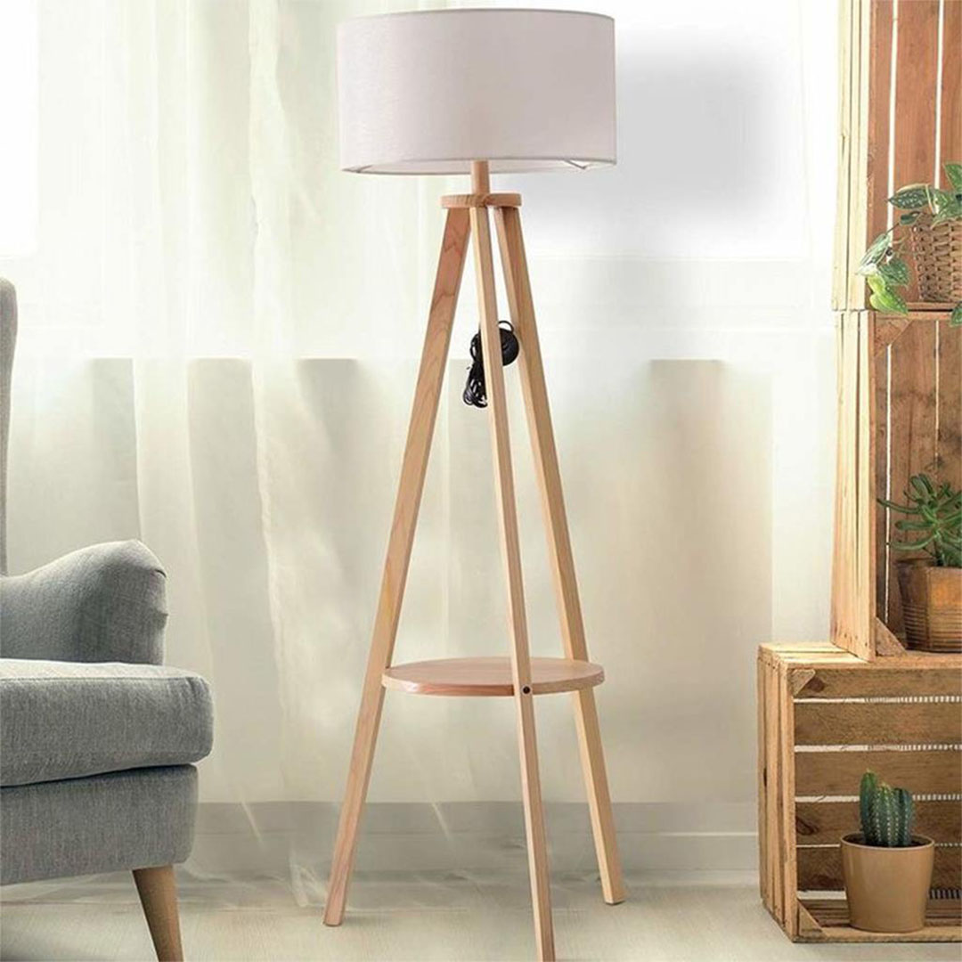 أباجورة أرضية خشب زان - أبيض وبيج - 150*40*40 سم