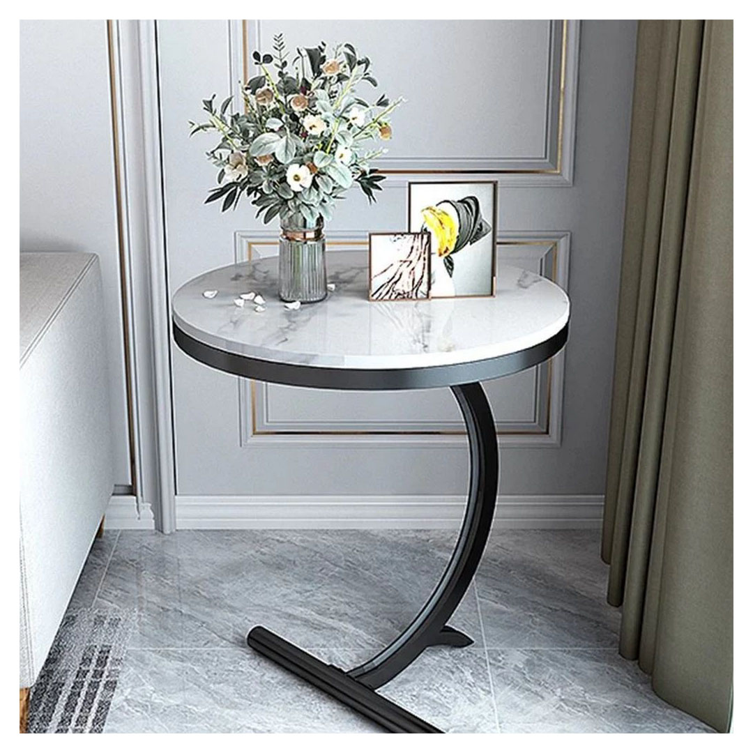 ترابيزة جانبية ستيل بسطح خشب بنقشة رخام - أسود - 50*35 سم