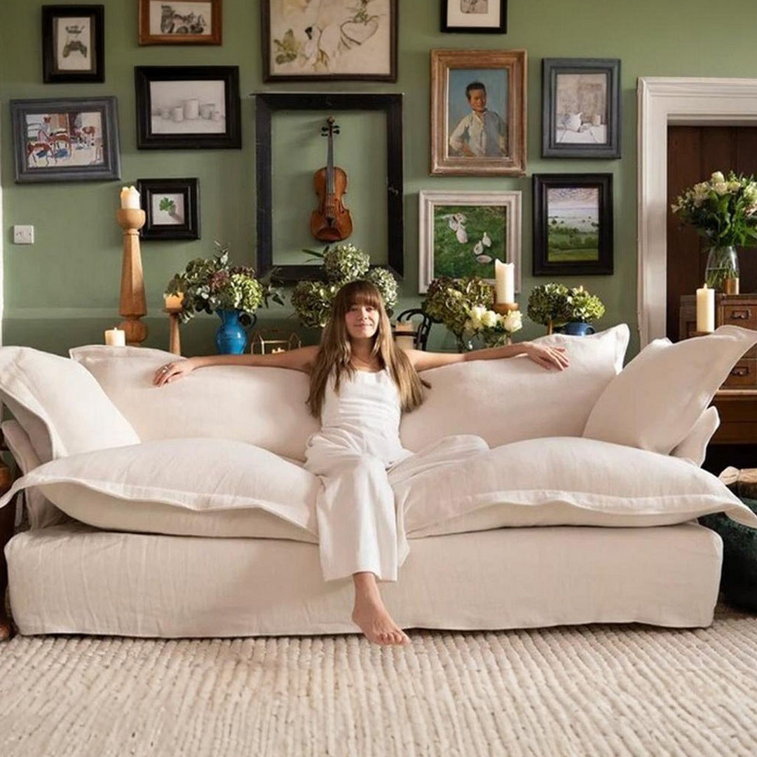 كنبة بثلاثة مقاعد خشب زان و قماش كتان - بيج - 220 سم