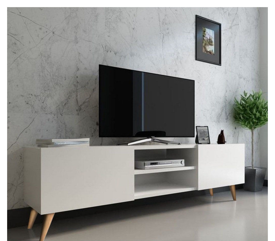 وحدة تلفزيون حشب ام دي اف - أبيض و بيج - 160 سم