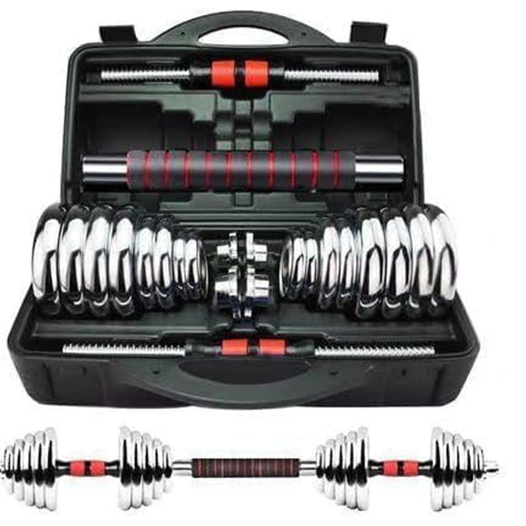 مجموعة دمبلز وبار 2 في 1 - 20 كجم - فضي/أحمر