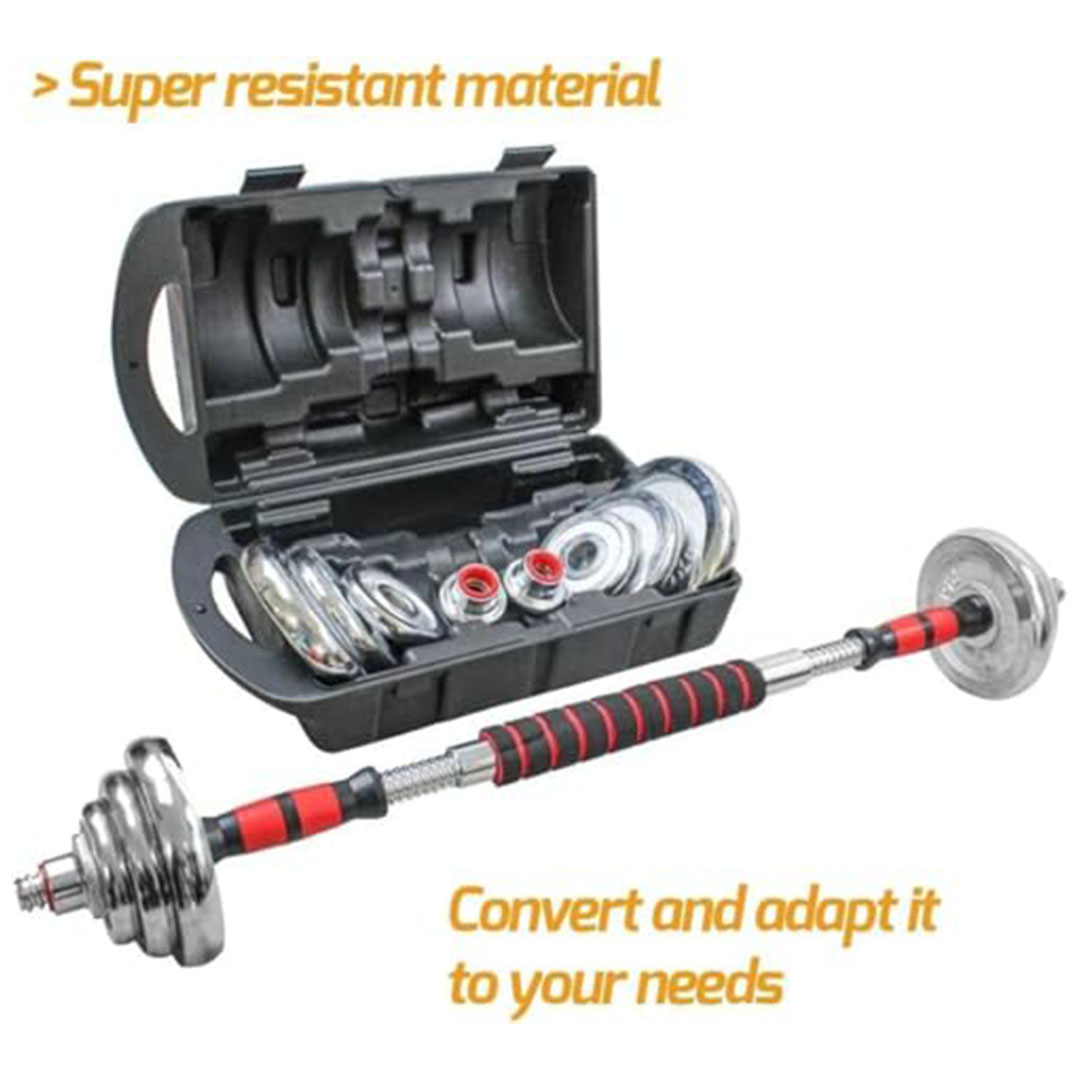 مجموعة دمبلز وبار 2 في 1 - 20 كجم - فضي/أحمر