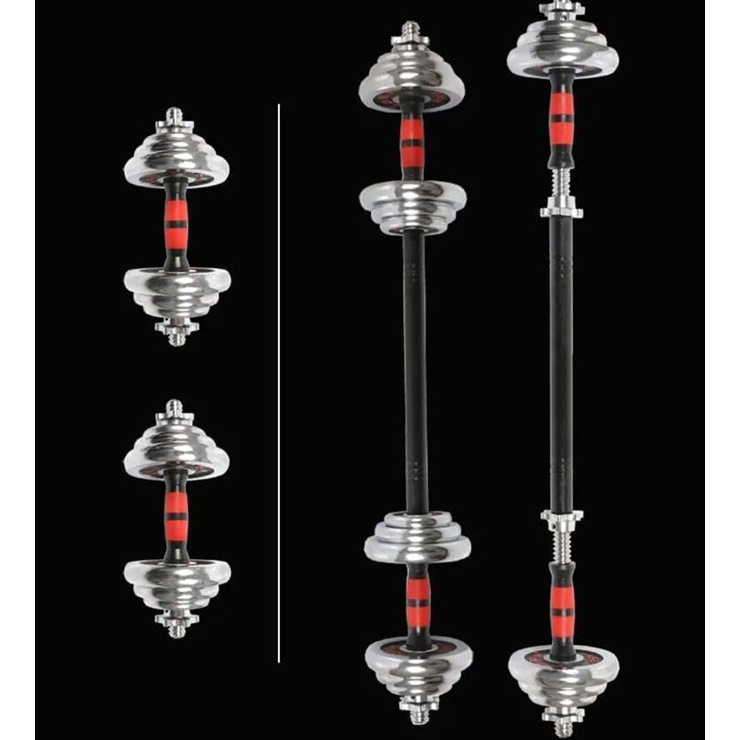 مجموعة دمبلز وبار 2 في 1 - 20 كجم - فضي/أحمر