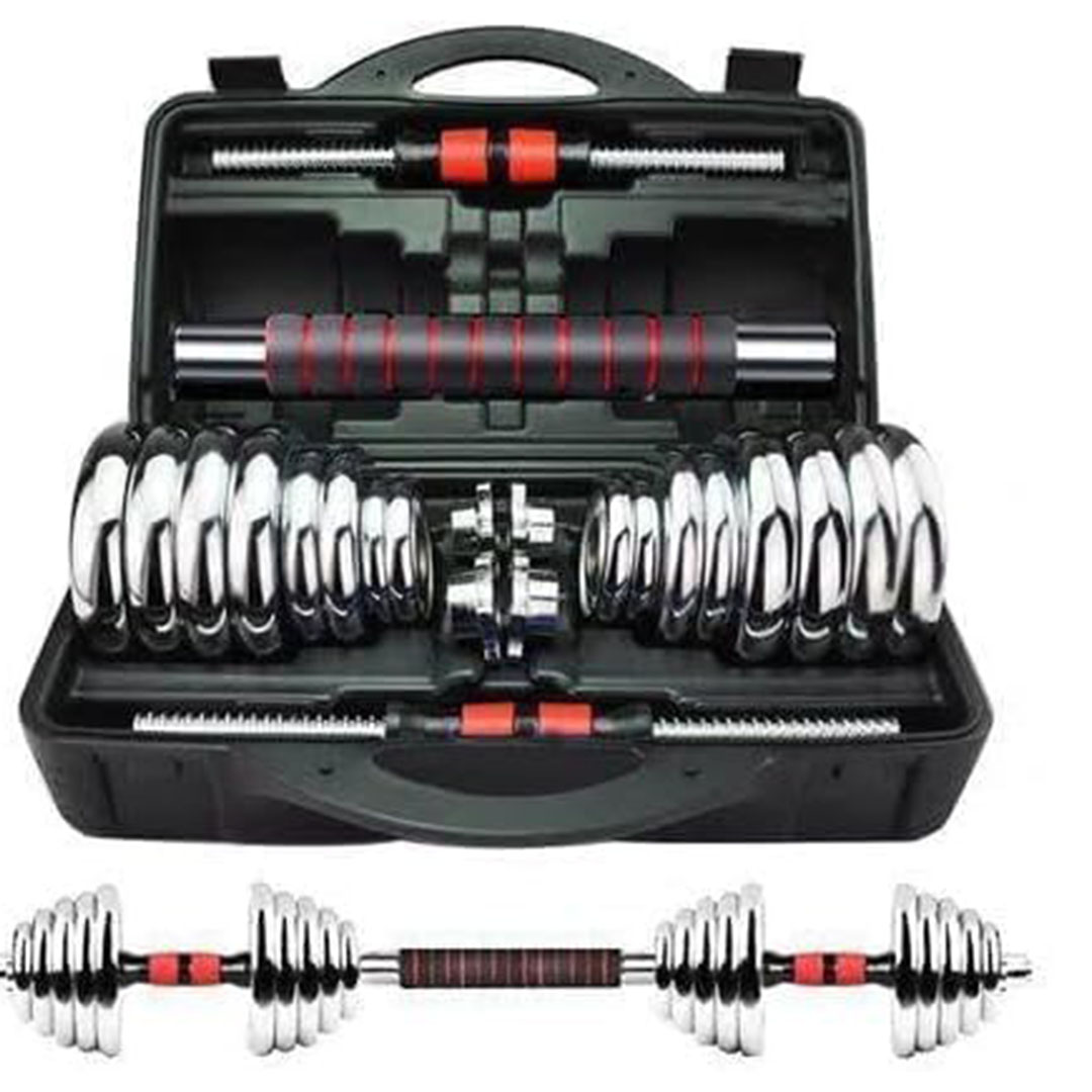 مجموعة دمبلز وبار 2 في 1 - 20 كجم - فضي/أحمر