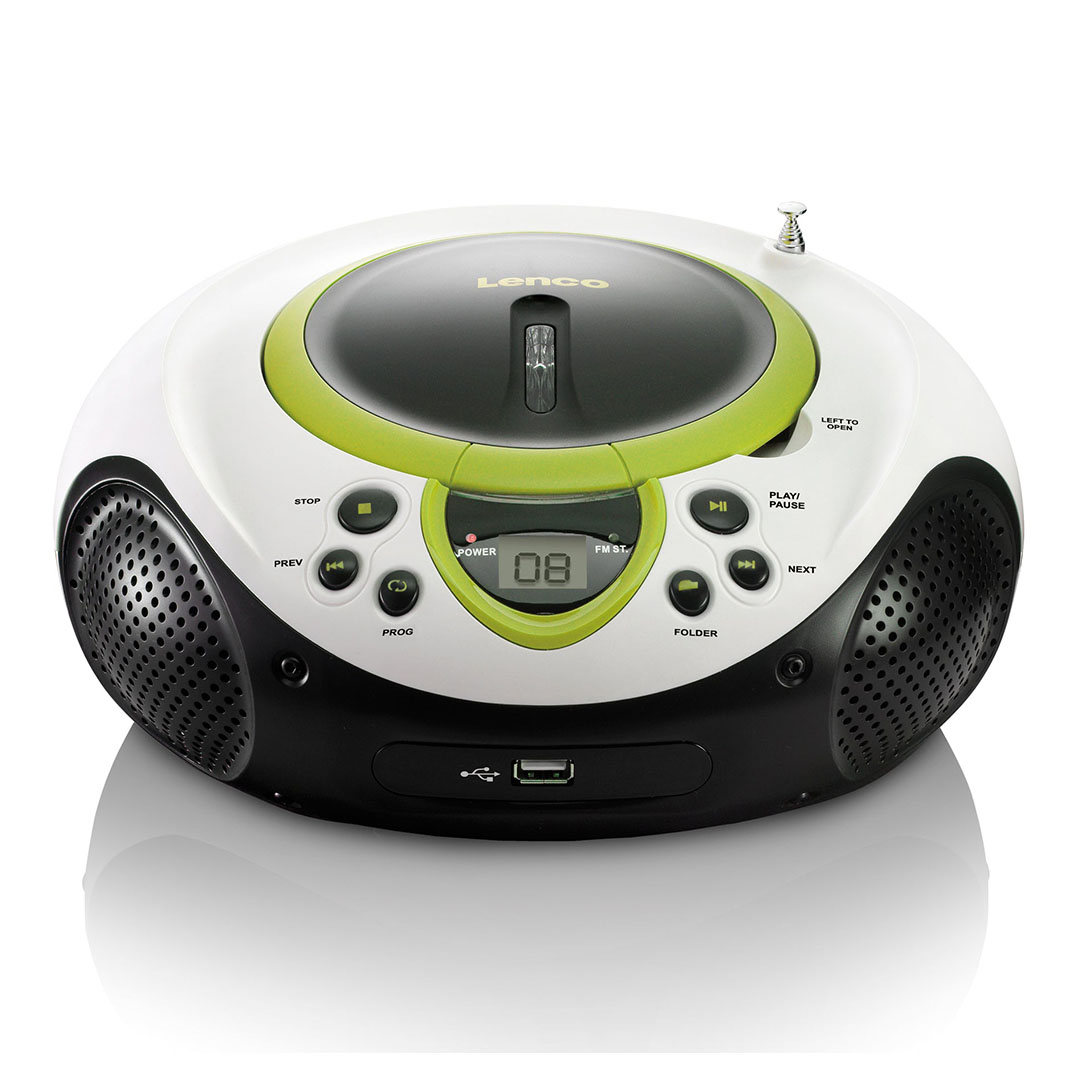 مشغل أقراص مضغوطة بوم بوكس - يعمل بالبطارية / التيار الكهربائي - ستيريو - أخضر/أبيض