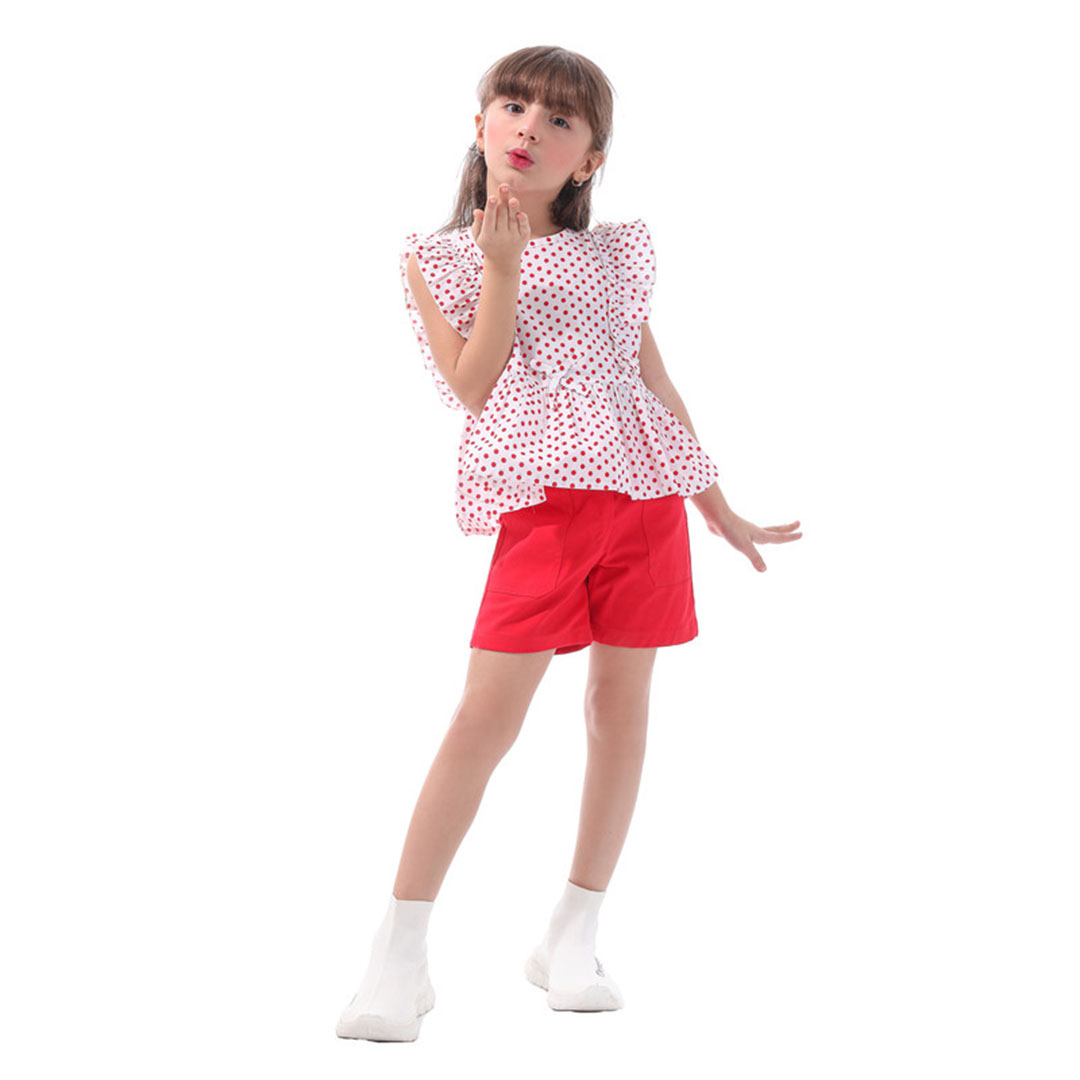 طقم بناتي تيشيرت وشورت - أبيض/أحمر - MA-MU-606