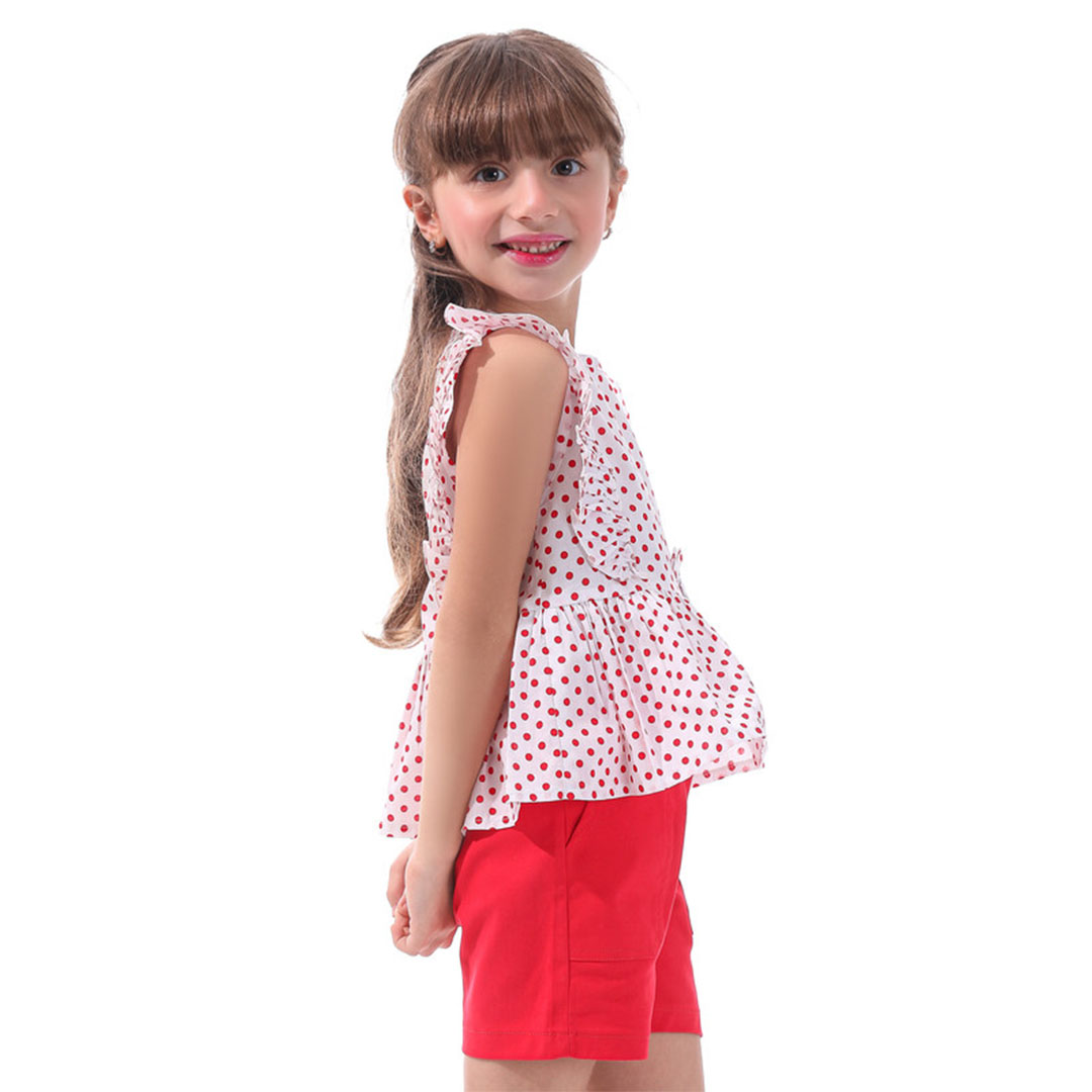 طقم بناتي تيشيرت وشورت - أبيض/أحمر - MA-MU-606