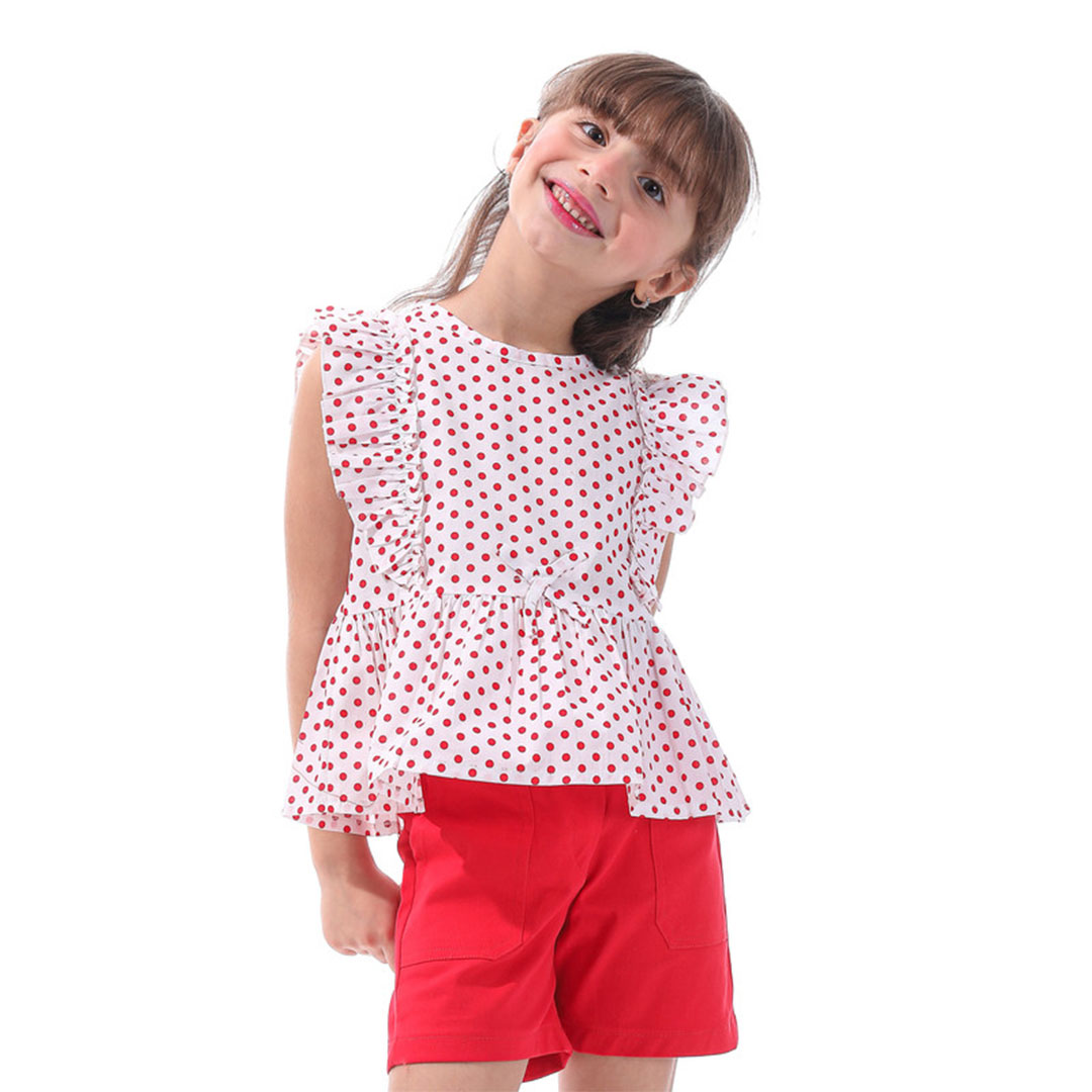 طقم بناتي تيشيرت وشورت - أبيض/أحمر - MA-MU-606