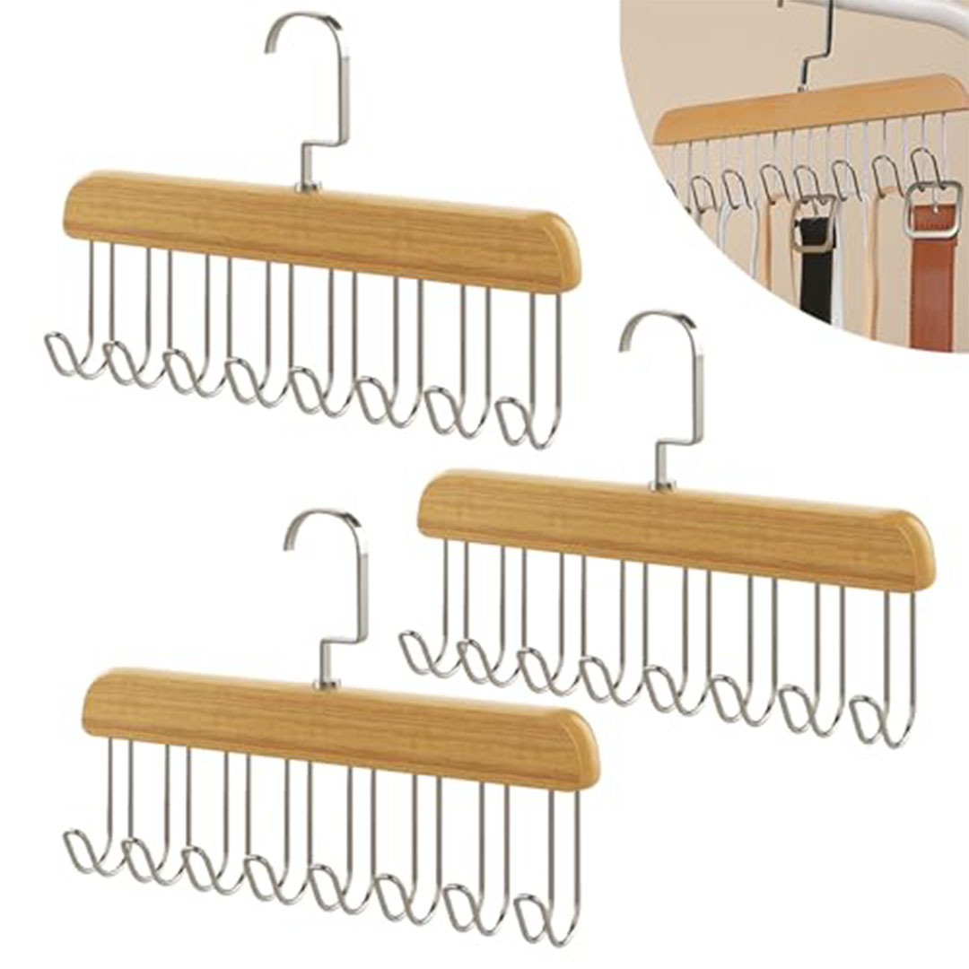 مجموعة حوامل ربطات عنق - 3 قطع - خشب - 8 خطافات