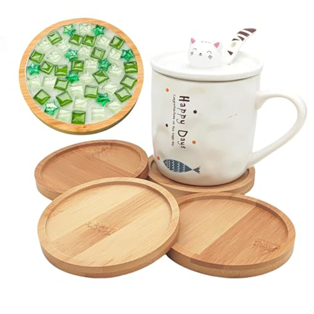 مجموعة قواعد أكواب من الخيزران - 4 قطع - تصميم فسيفسائي - شكل مستدير