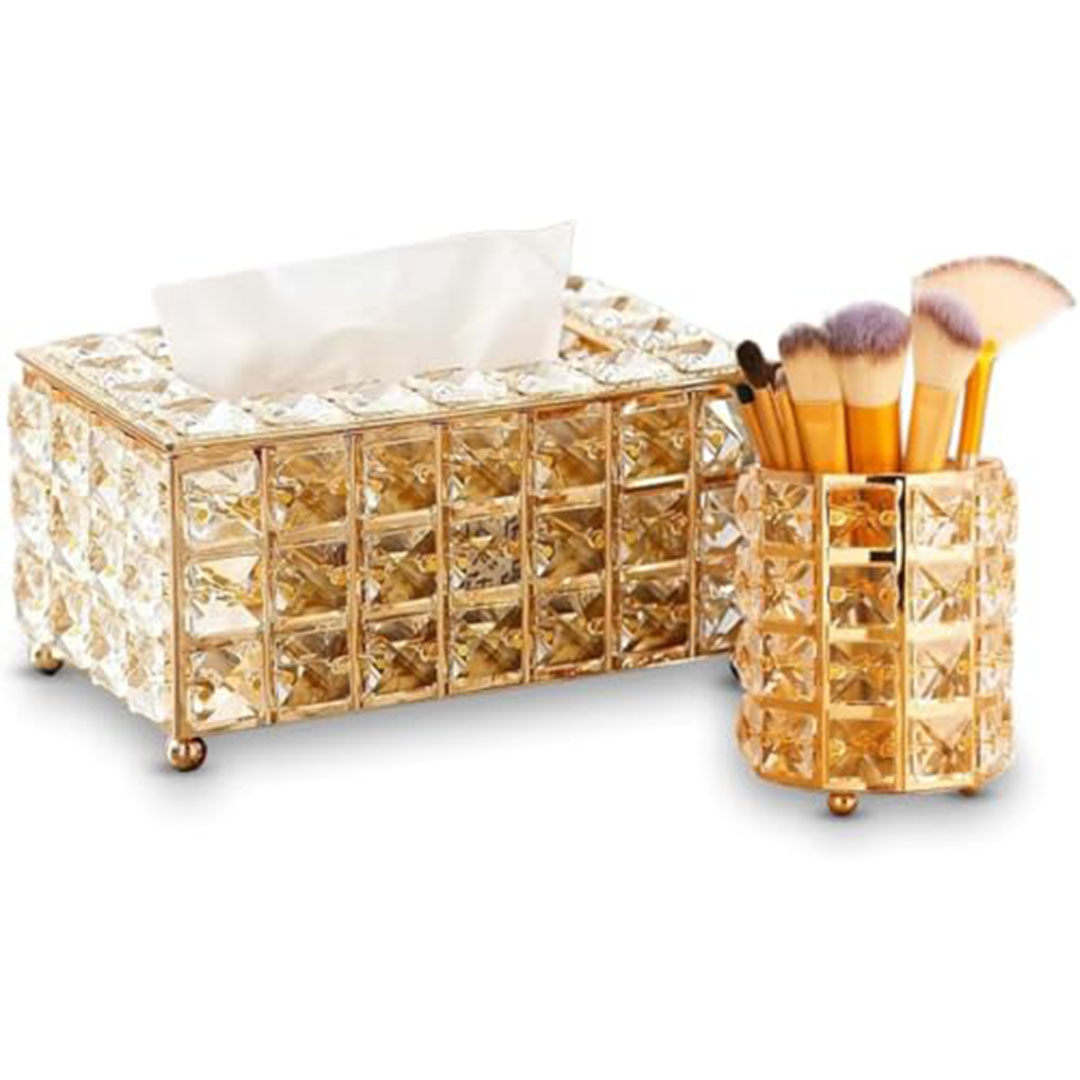 صندوق مناديل كريستال ذهبي مع منظم مكياج
