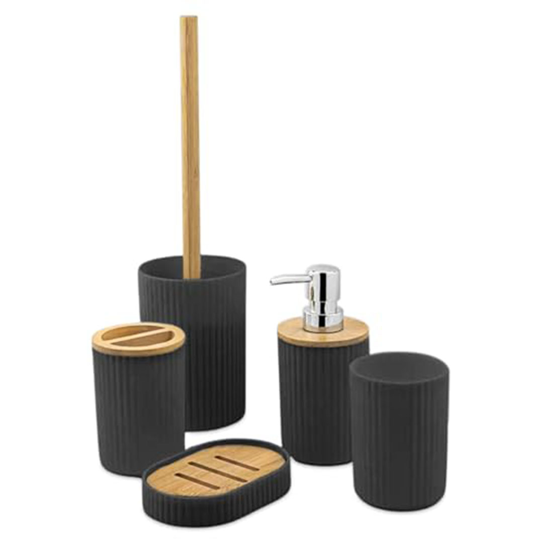طقم إكسسوارات حمام - خشب وبامبو وبلاستيك - مستطيل - 5 قطع - أسود