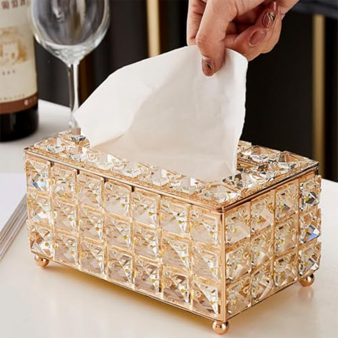 صندوق مناديل كريستال ذهبي مع منظم مكياج