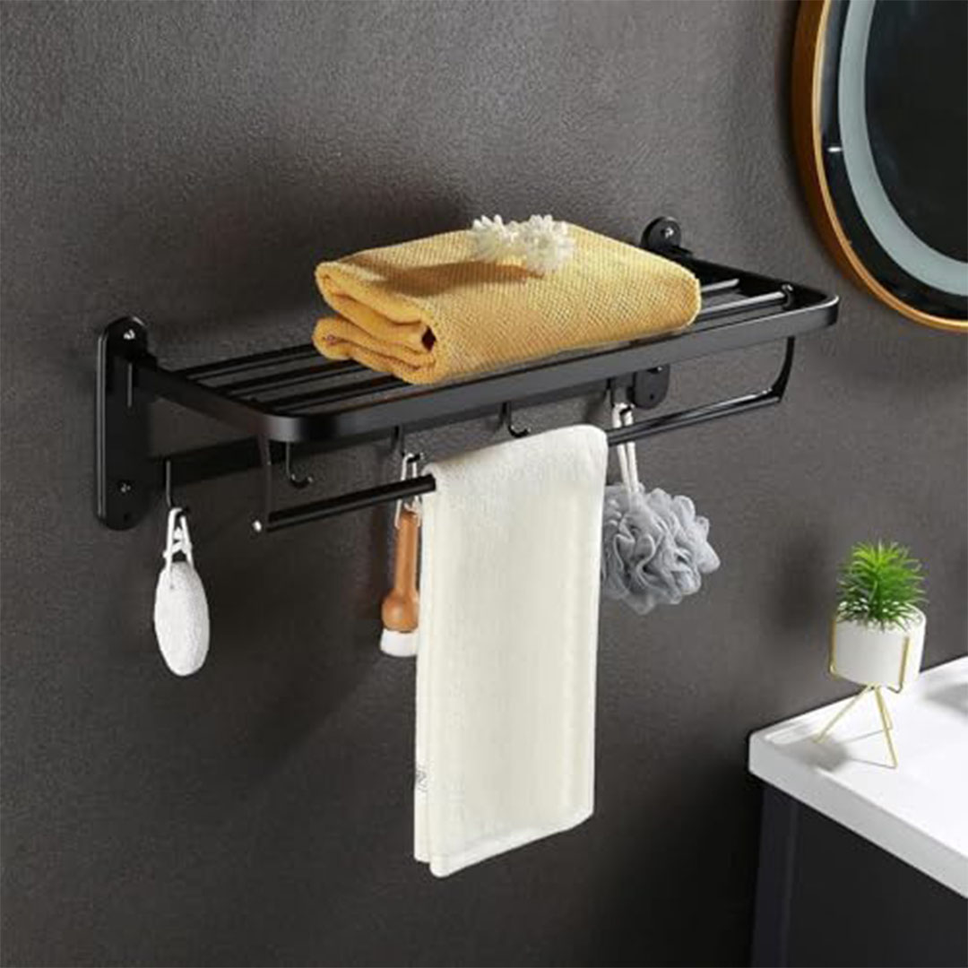 رف مناشف - ستانلس ستيل - أسود - قابل للطي - 5 خطافات