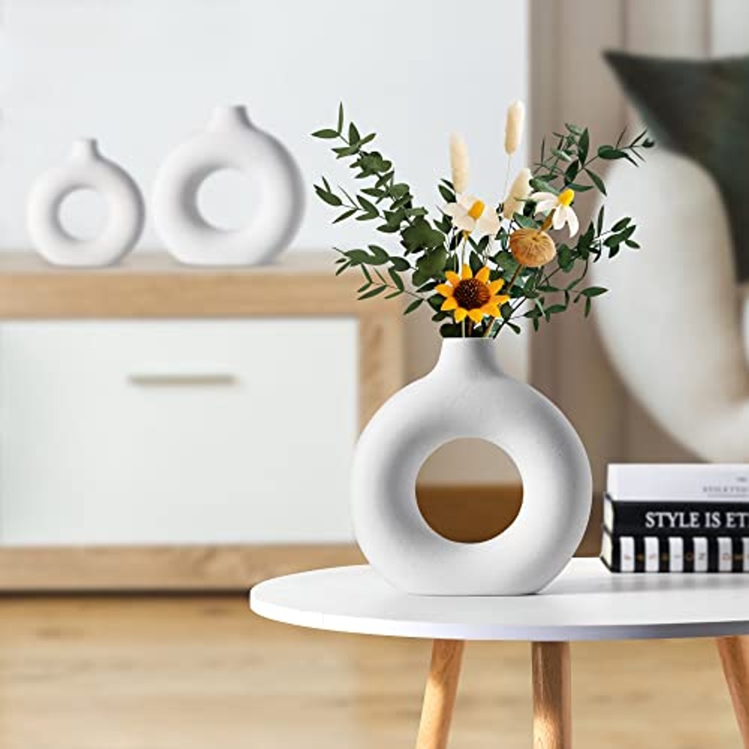 طقم فازة سيراميك للديكور المنزلي - 3 قطع - أبيض