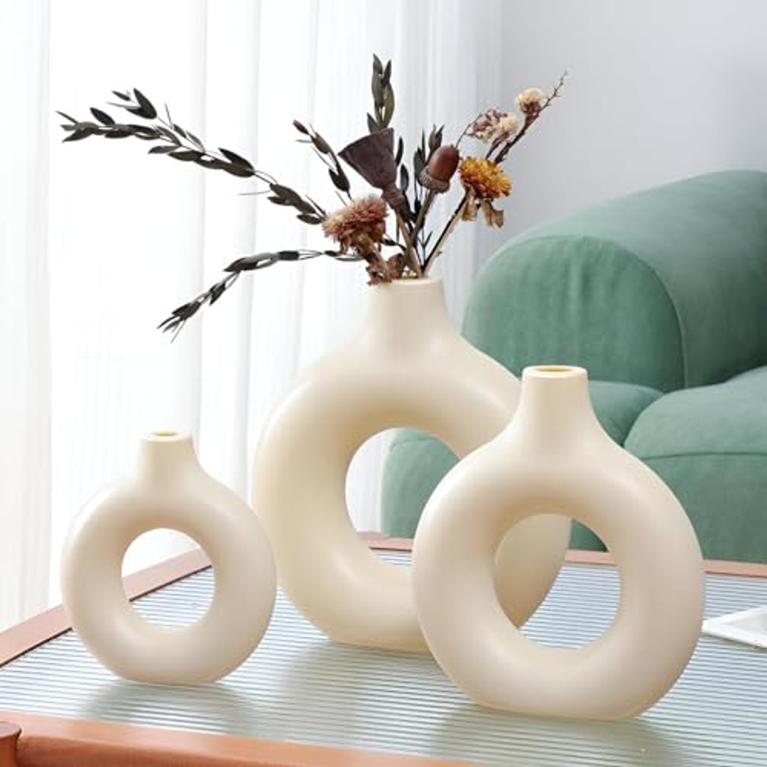 طقم فازة سيراميك للديكور المنزلي - 3 قطع - بيج