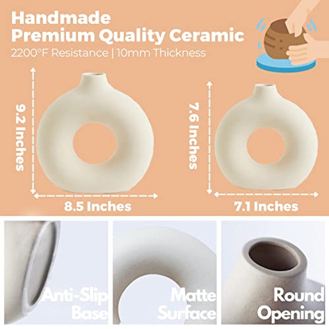 طقم فازة سيراميك للديكور المنزلي - 2 قطعة - بيج