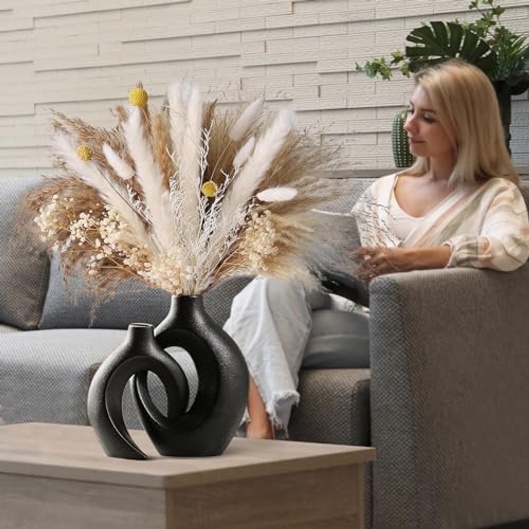 طقم فازة سيراميك للديكور المنزلي - 2 قطعة - أسود