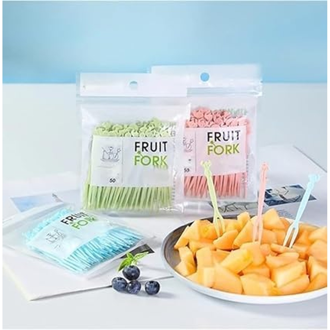 مجموعة شوك وأعود فواكه بلاستيك - أخضر - 50 قطعة