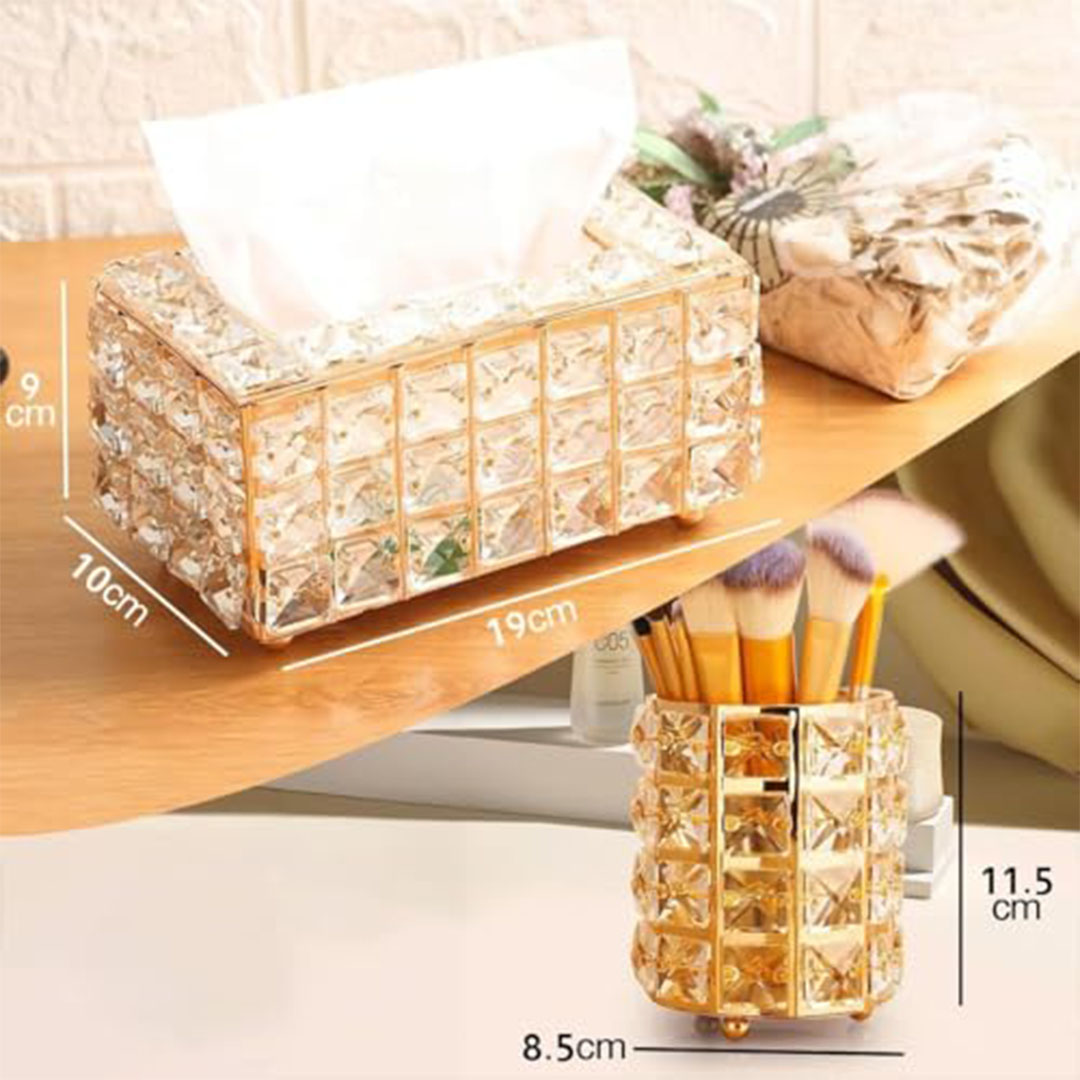 صندوق مناديل كريستال ذهبي مع منظم مكياج