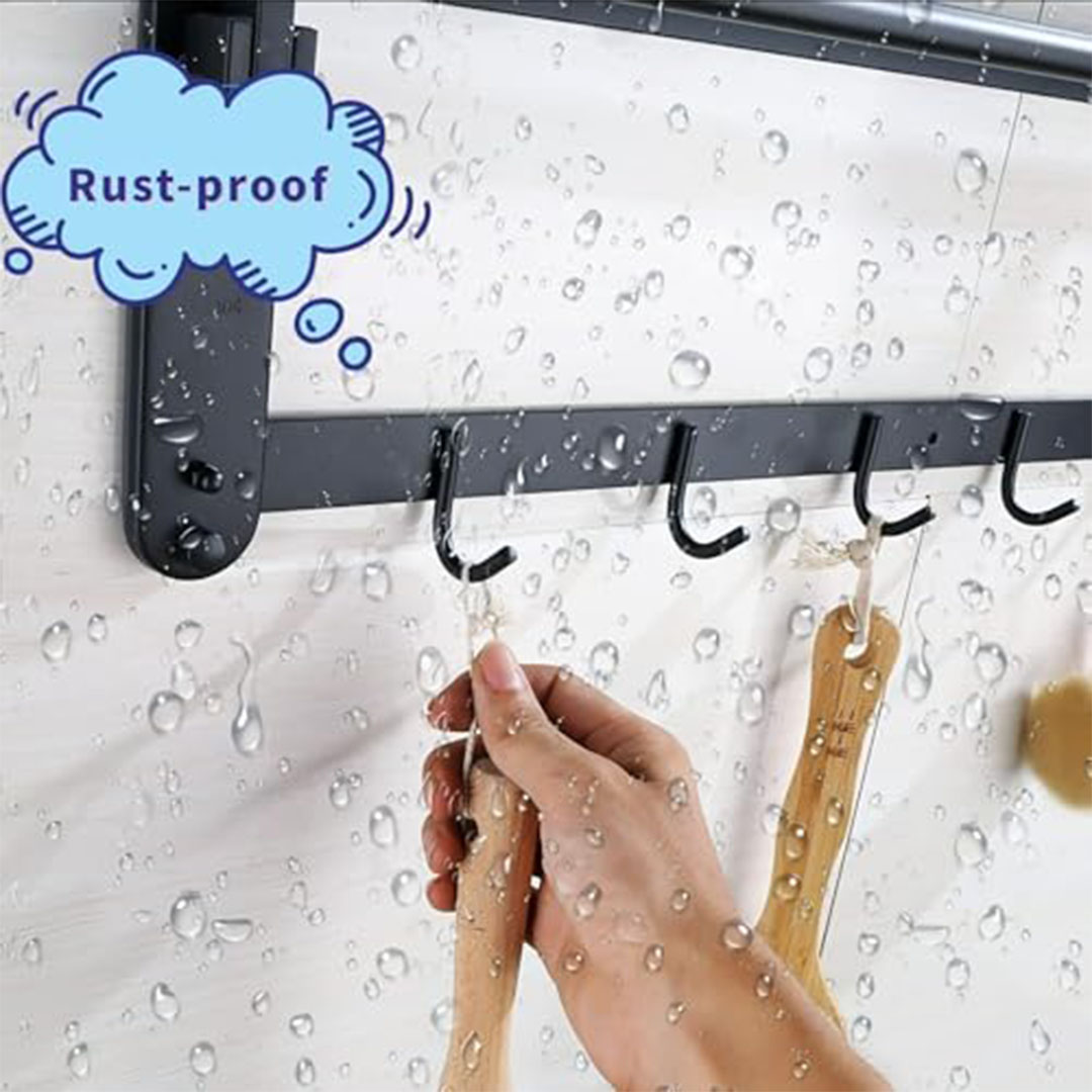 رف مناشف - ستانلس ستيل - أسود - قابل للطي - 5 خطافات