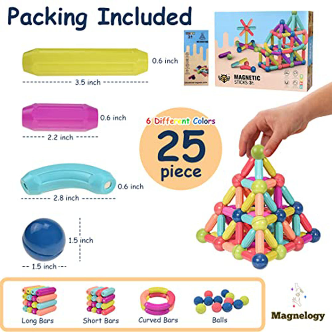 عصي وكرات مغناطيسية ماجنيلوجي 25 قطعة 6 ألوان