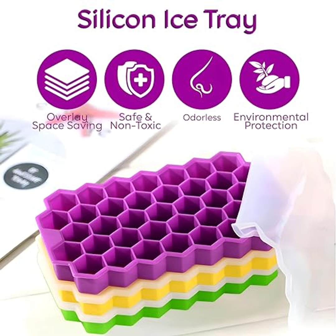 علبة مكعبات ثلج سيليكون بغطاء - 4 قطع - ألوان مختلفة