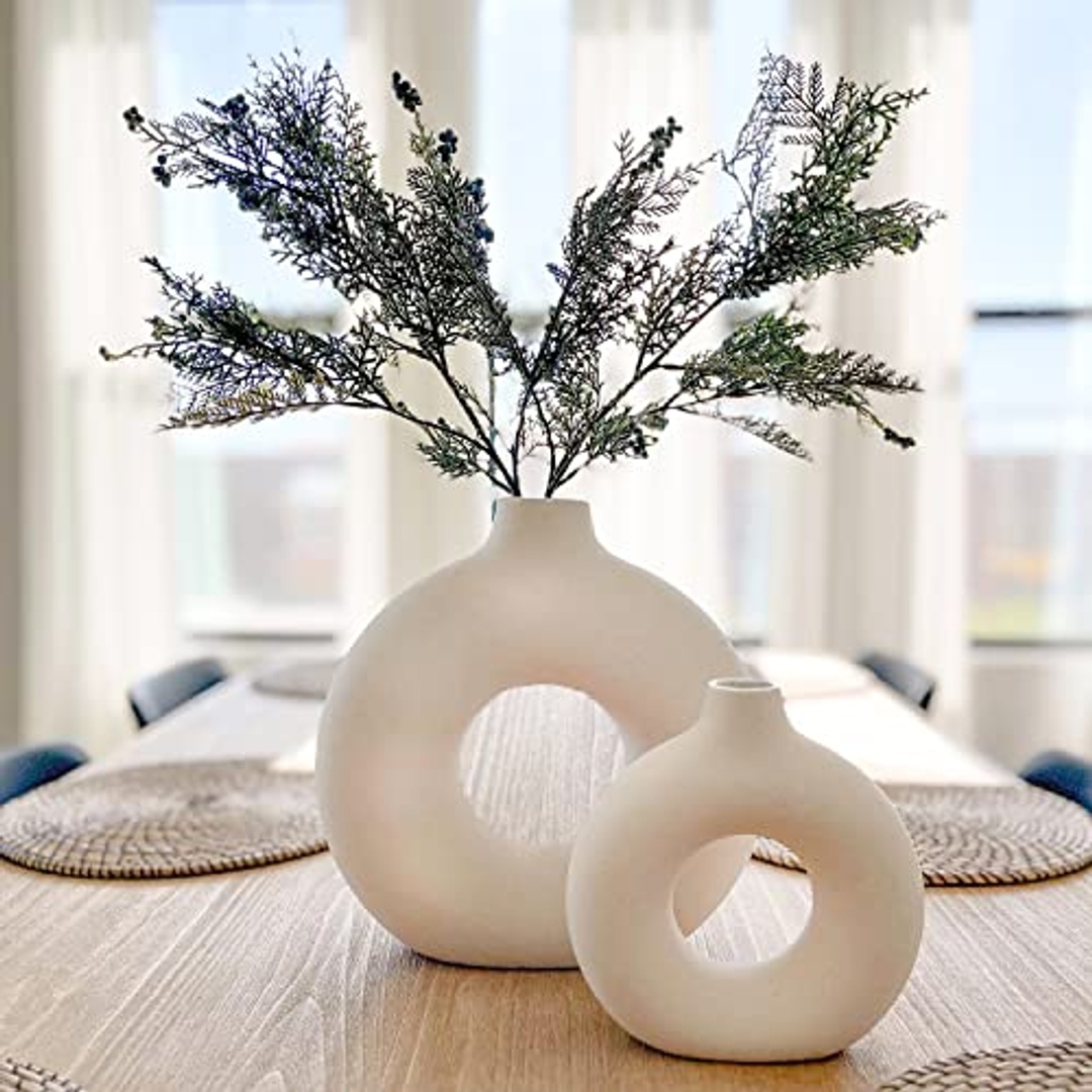 طقم فازة سيراميك للديكور المنزلي - 2 قطعة - بيج