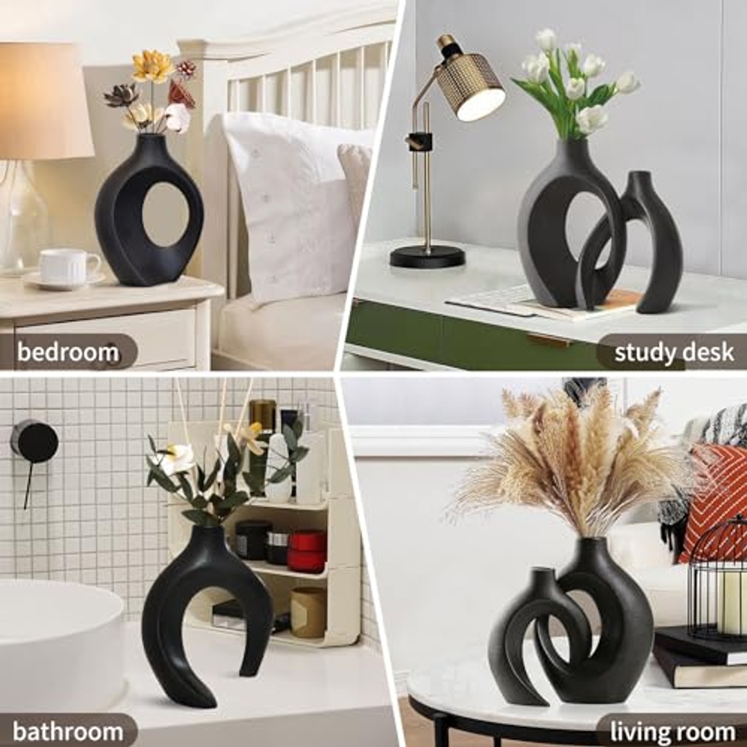 طقم فازة سيراميك للديكور المنزلي - 2 قطعة - أسود