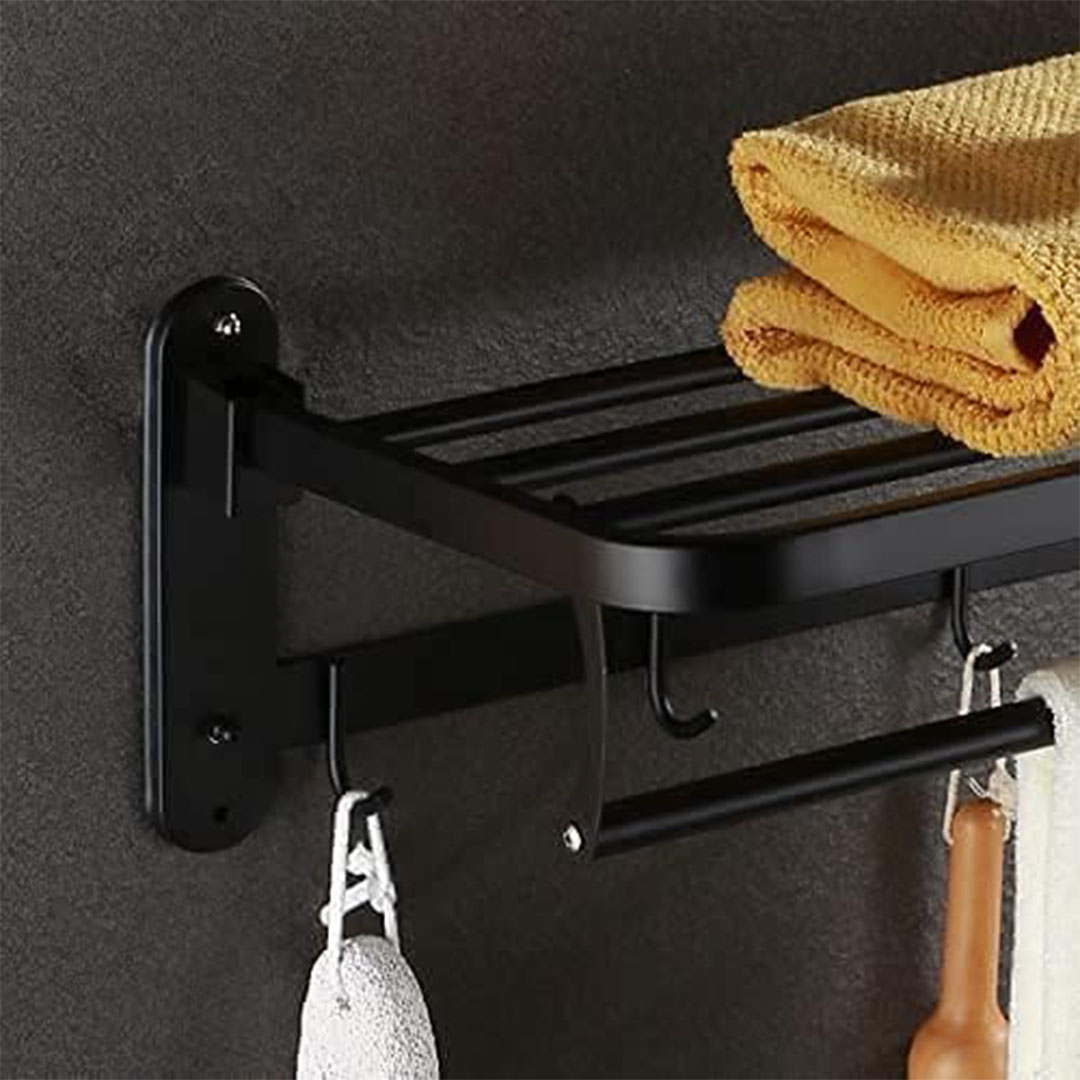 رف مناشف - ستانلس ستيل - أسود - قابل للطي - 5 خطافات