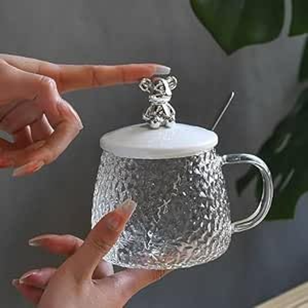 كوب زجاجي مع غطاء على شكل دب وملعقة - 2 قطعة