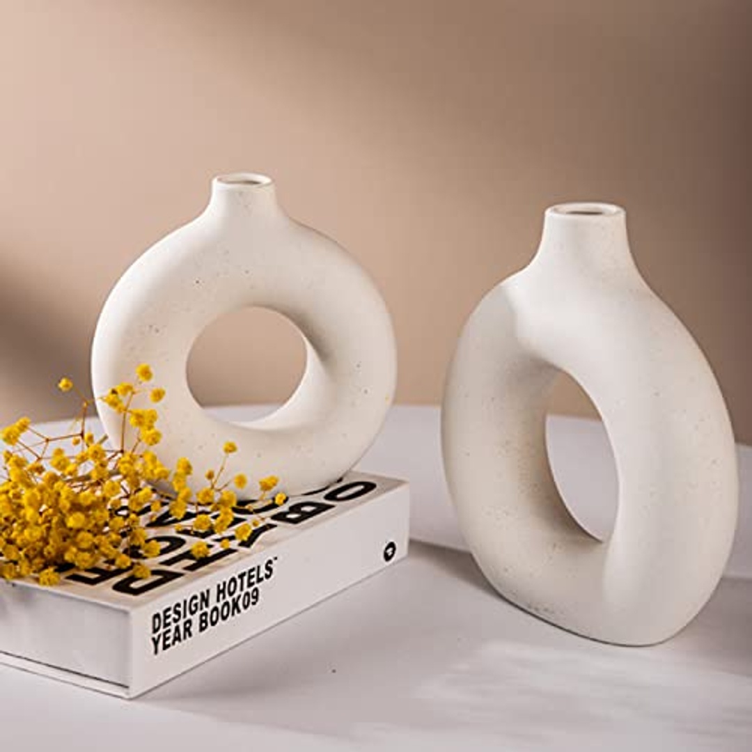طقم فازة سيراميك للديكور المنزلي - 2 قطعة - أبيض