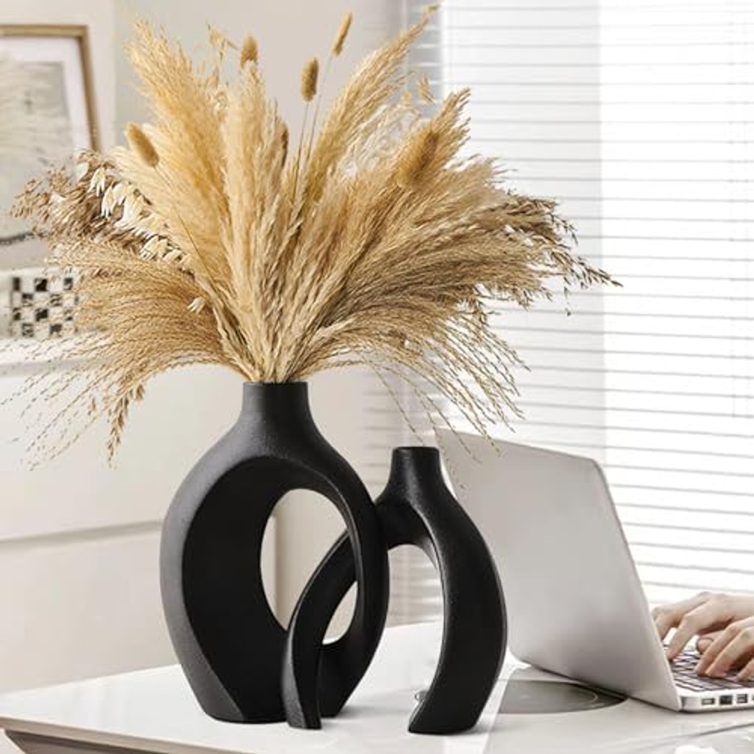 طقم فازة سيراميك للديكور المنزلي - 2 قطعة - أسود