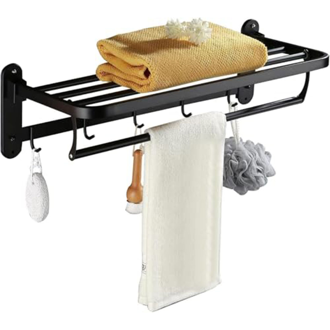 رف مناشف - ستانلس ستيل - أسود - قابل للطي - 5 خطافات