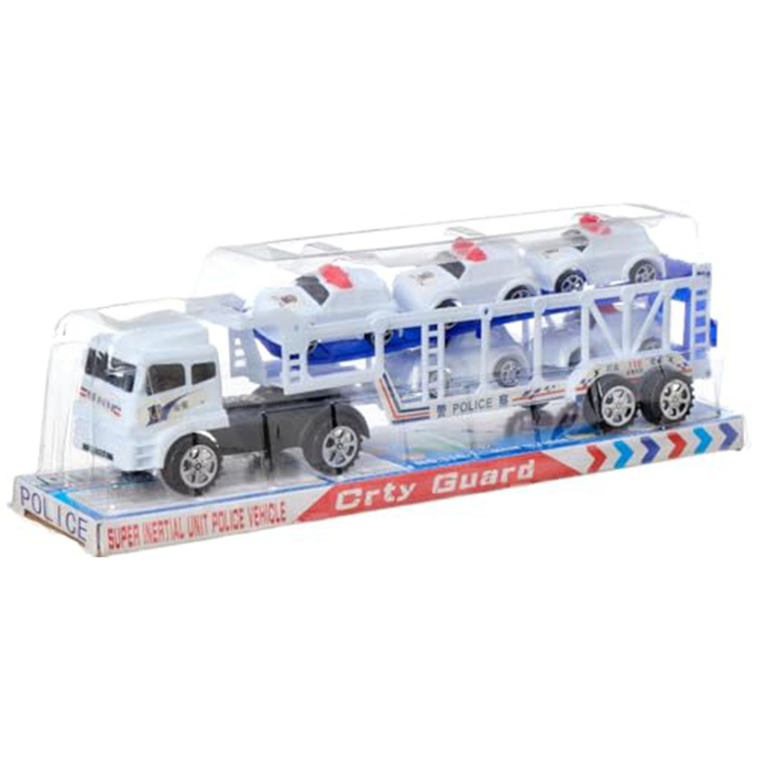 لعبة شاحنة نقل سيارات نصف مقطورة - 5 سيارات شرطة