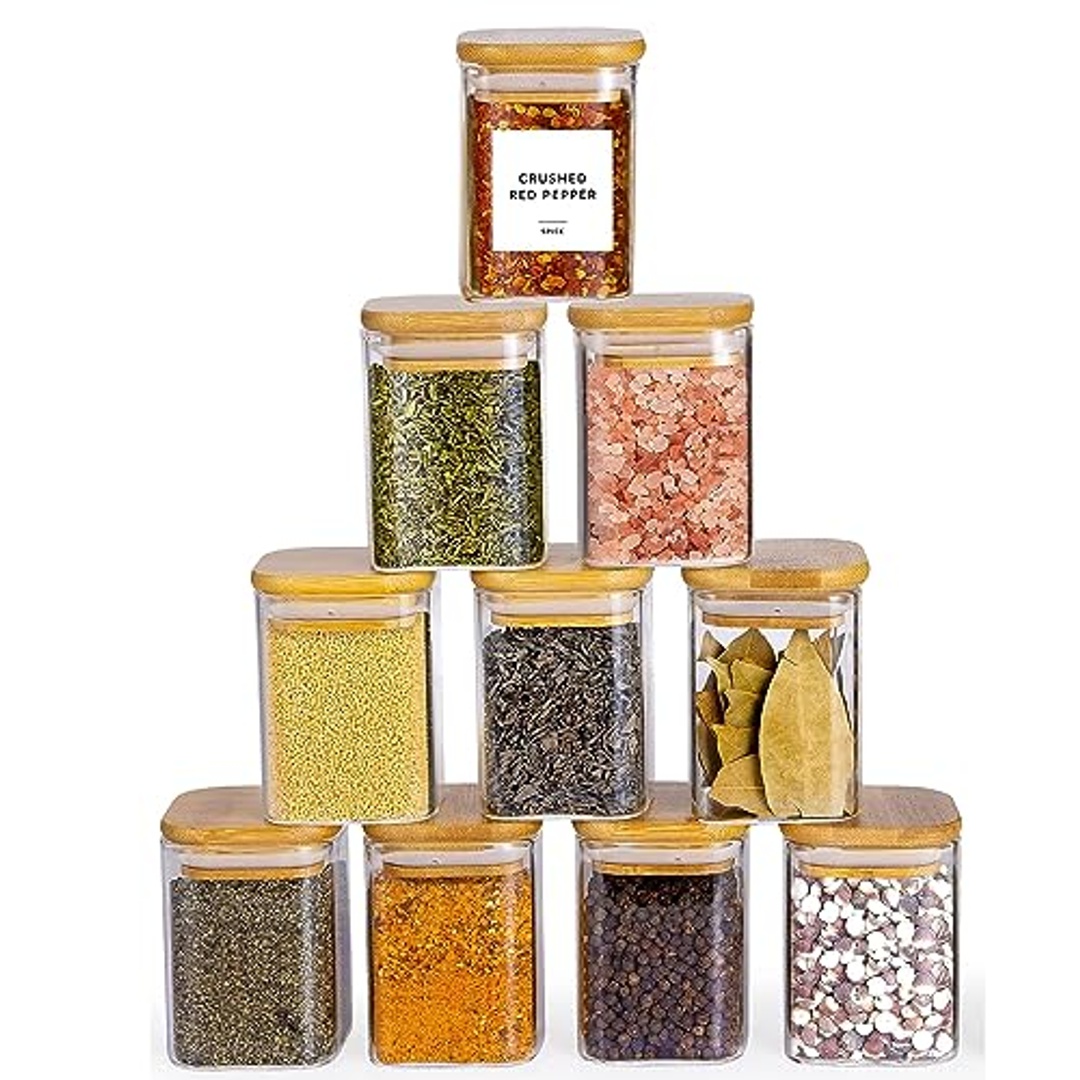طقم برطمانات توابل بغطاء خشبي - 210 مل - 10 قطع