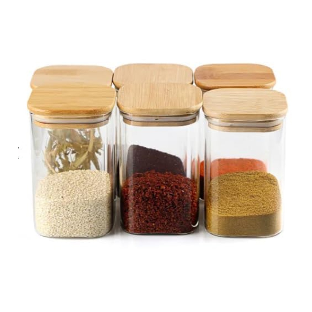 برطمان زجاجي مربع بغطاء خشب - 250 مل - 6 قطع